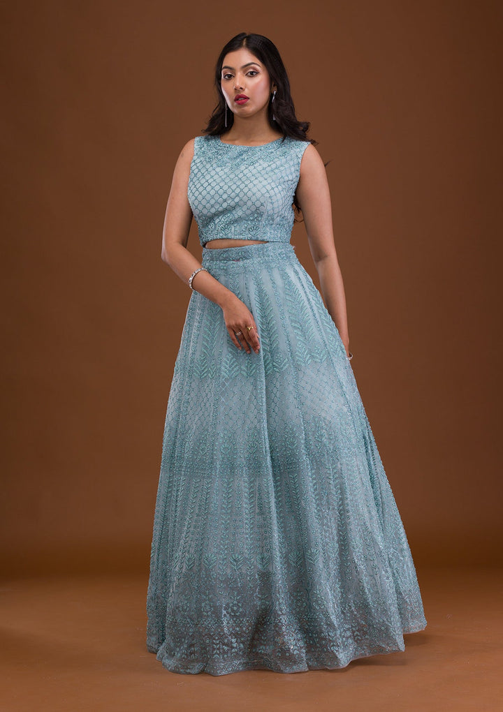 Sea Green Pearlwork Net Readymade Lehenga-Koskii
