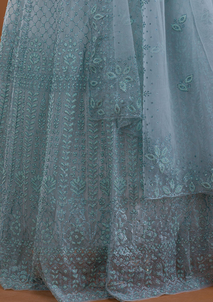 Sea Green Pearlwork Net Readymade Lehenga-Koskii