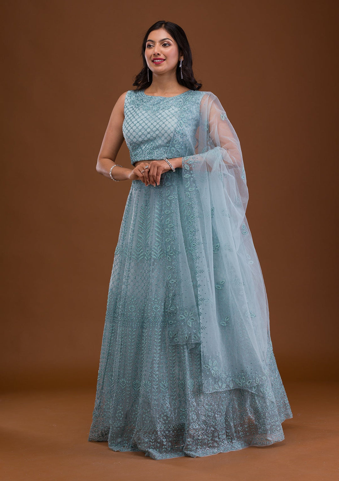 Sea Green Pearlwork Net Readymade Lehenga-Koskii