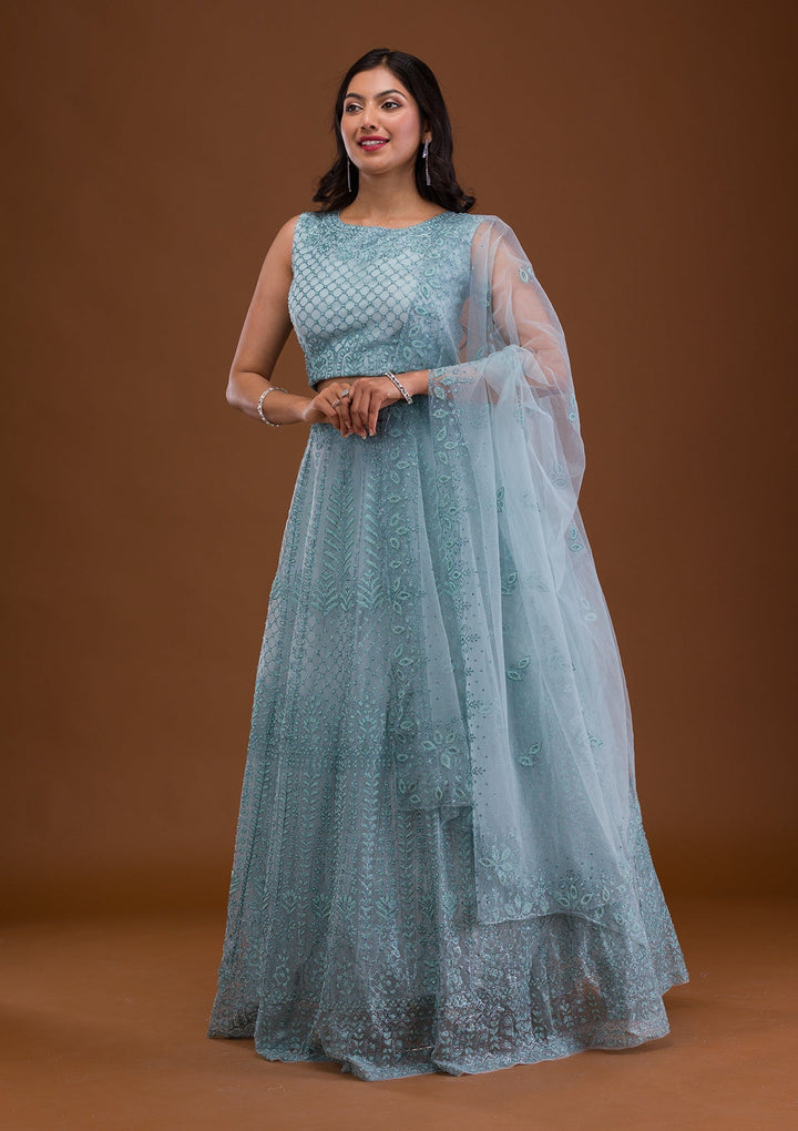 Sea Green Pearlwork Net Readymade Lehenga-Koskii