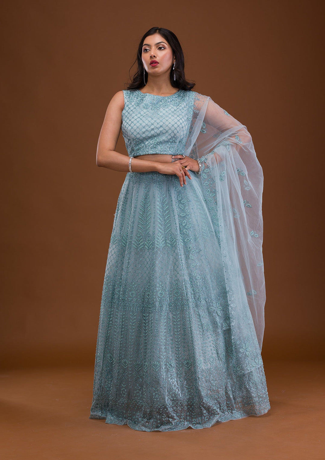 Sea Green Pearlwork Net Readymade Lehenga-Koskii