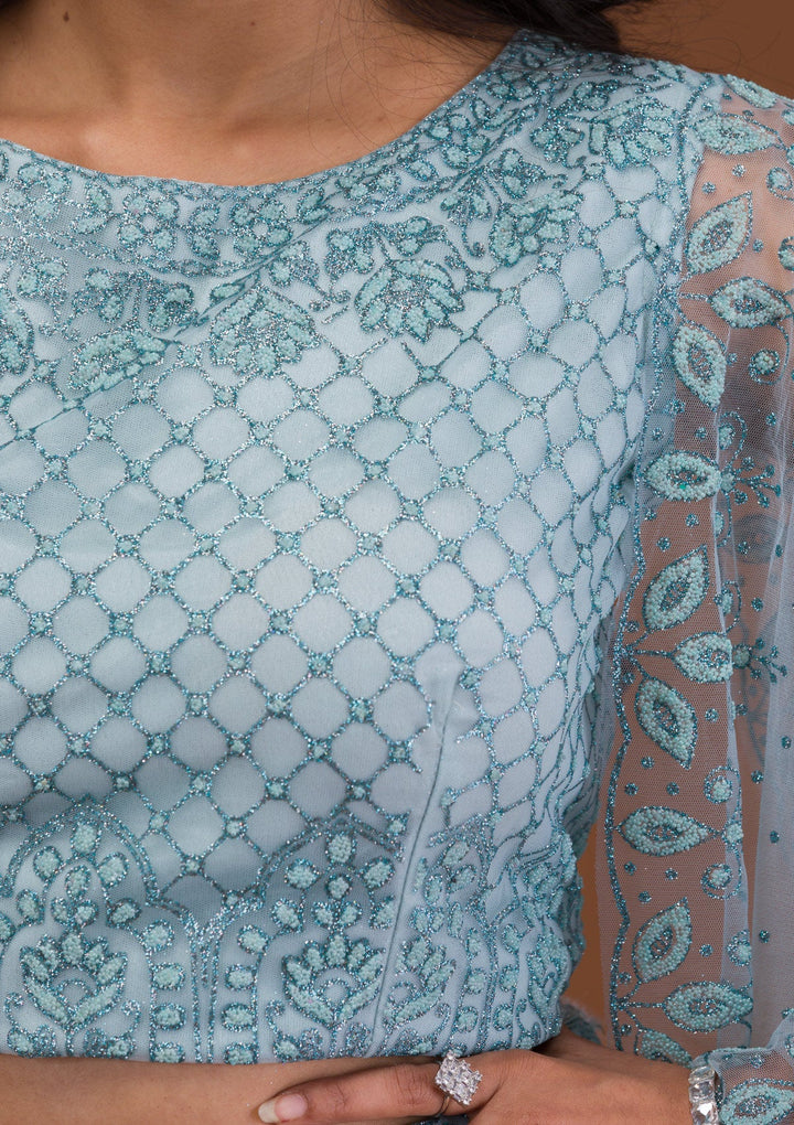 Sea Green Pearlwork Net Readymade Lehenga-Koskii