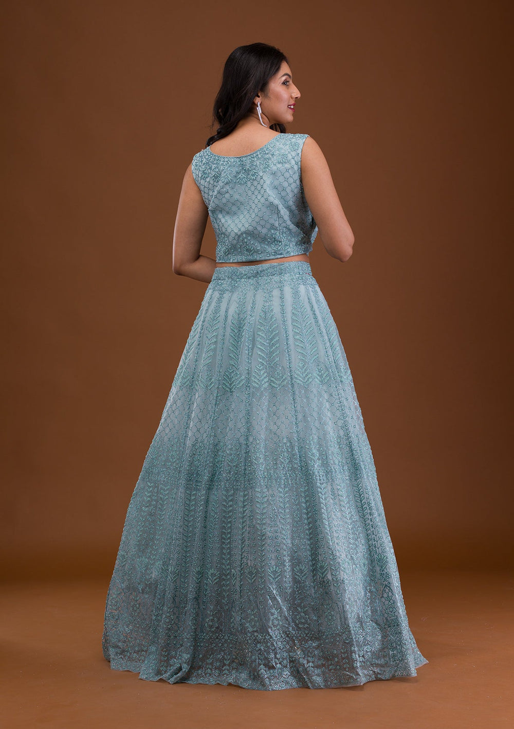 Sea Green Pearlwork Net Readymade Lehenga-Koskii
