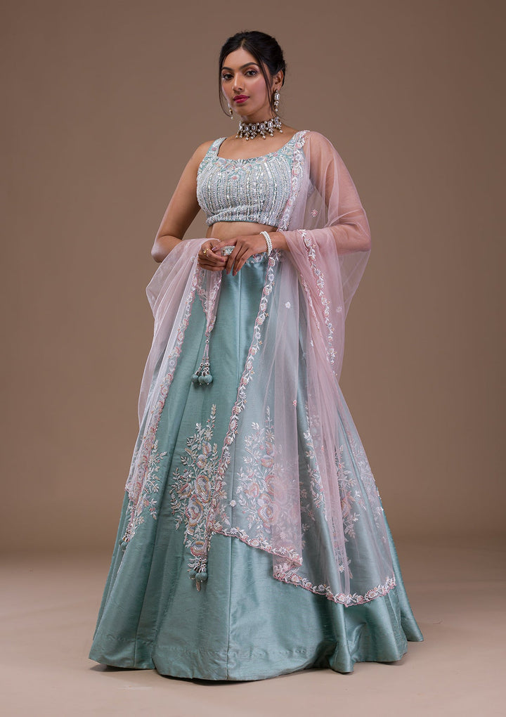 Sea Green Pearlwork Raw Silk Readymade Lehenga-Koskii