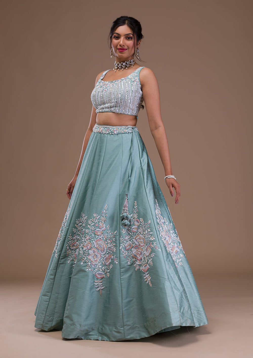 Sea Green Pearlwork Raw Silk Readymade Lehenga-Koskii