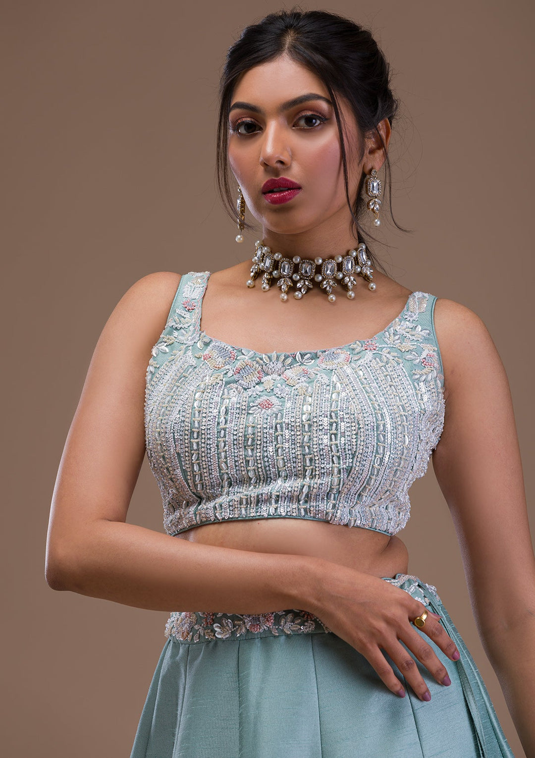 Sea Green Pearlwork Raw Silk Readymade Lehenga-Koskii