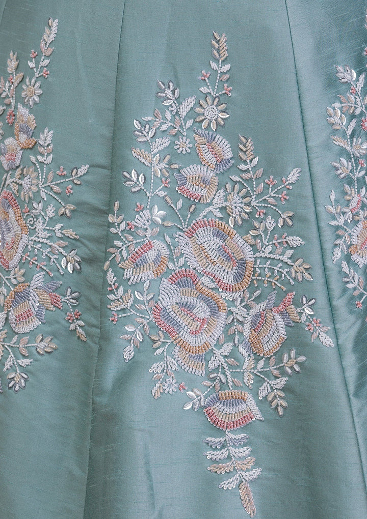 Sea Green Pearlwork Raw Silk Readymade Lehenga-Koskii