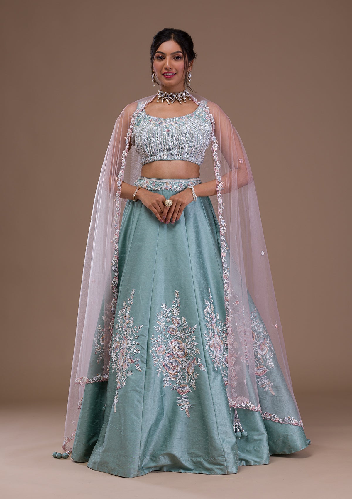 Sea Green Pearlwork Raw Silk Readymade Lehenga-Koskii