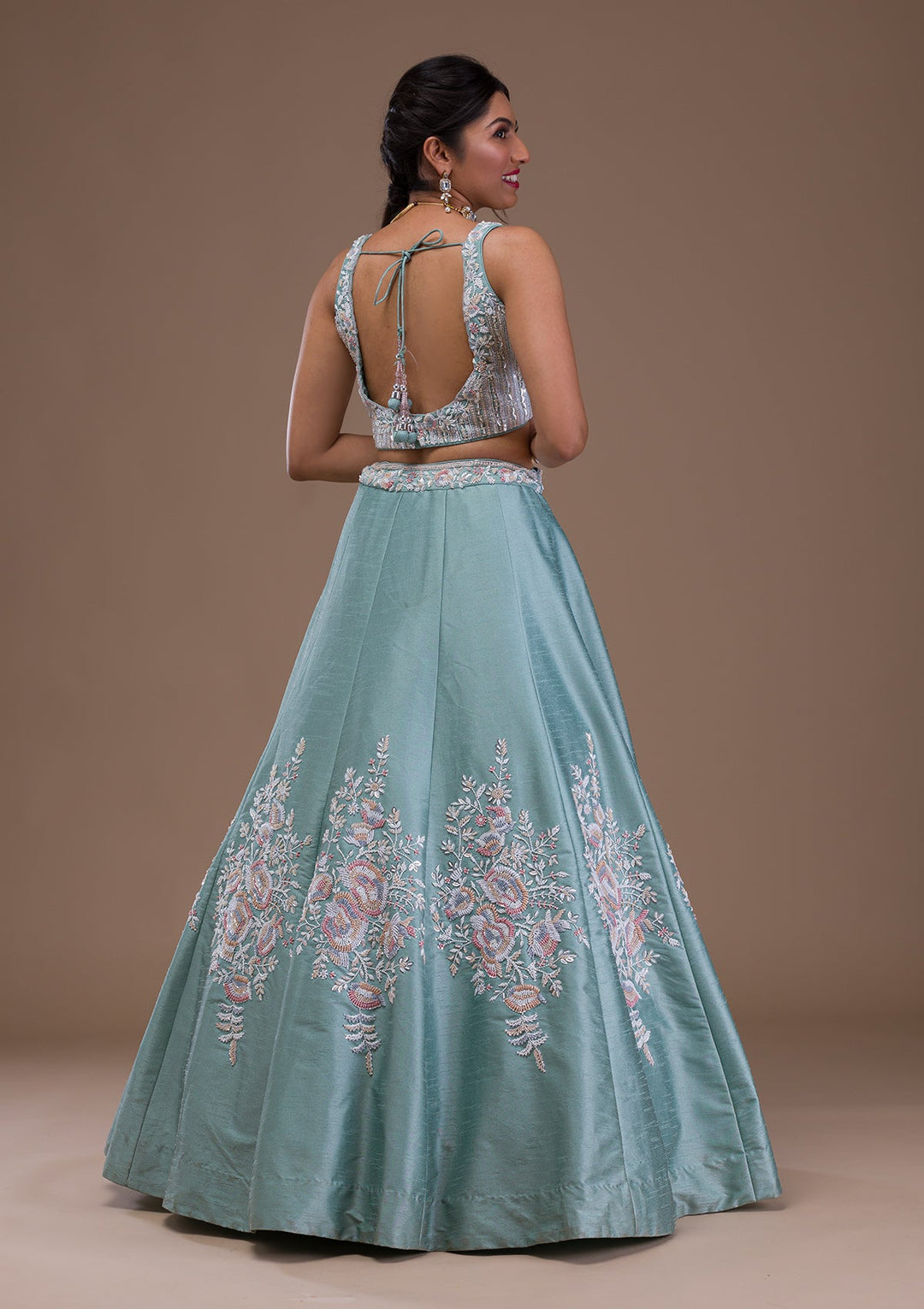 Sea Green Pearlwork Raw Silk Readymade Lehenga-Koskii