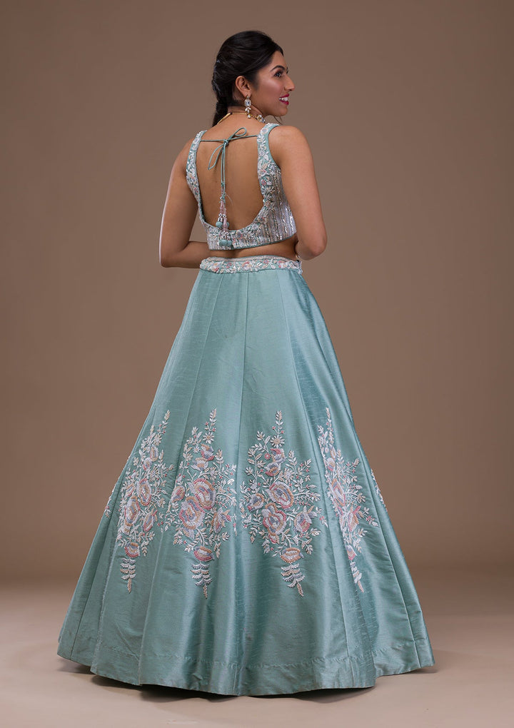 Sea Green Pearlwork Raw Silk Readymade Lehenga-Koskii