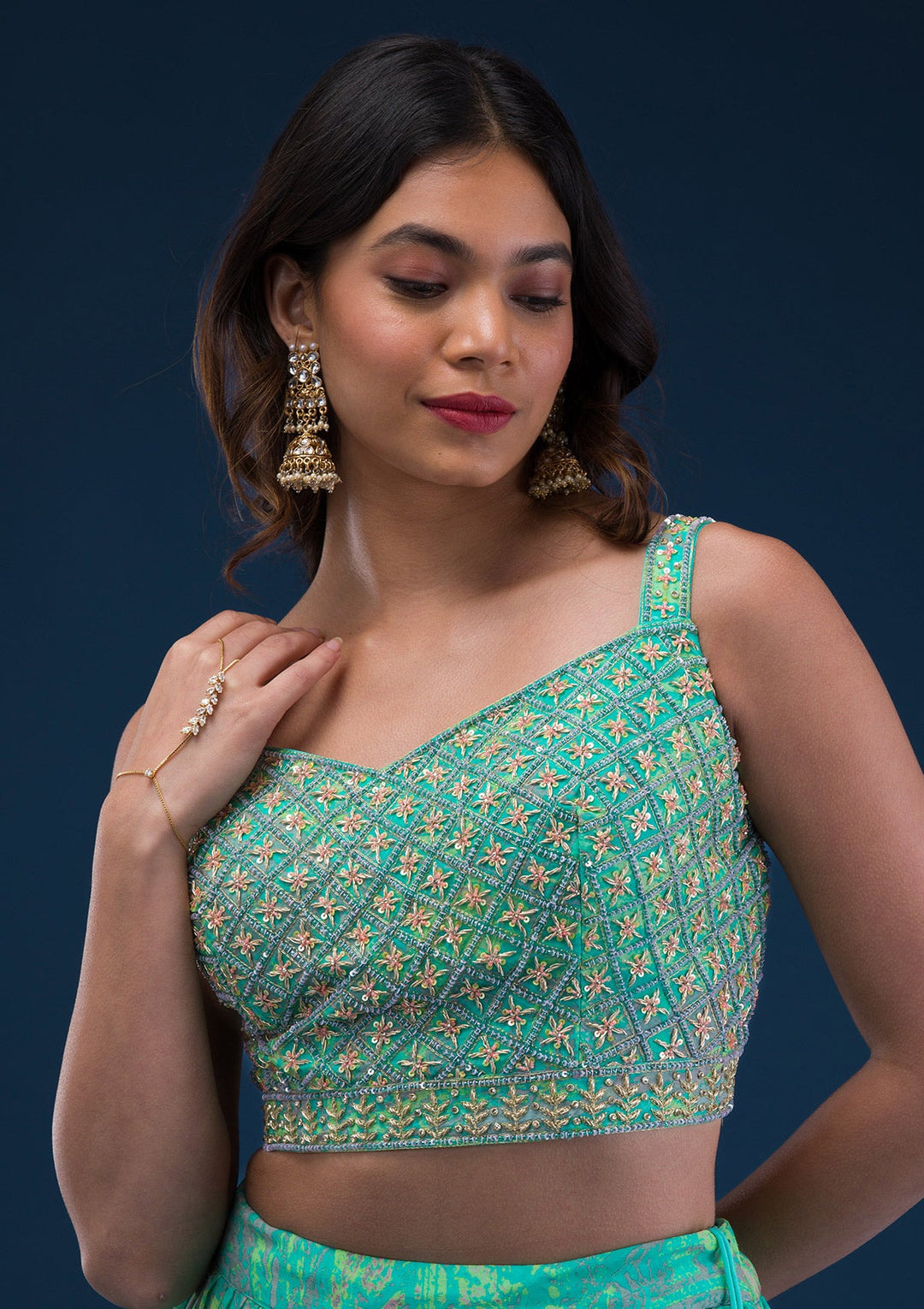 Sea Green Print Georgette Readymade Lehenga-Koskii