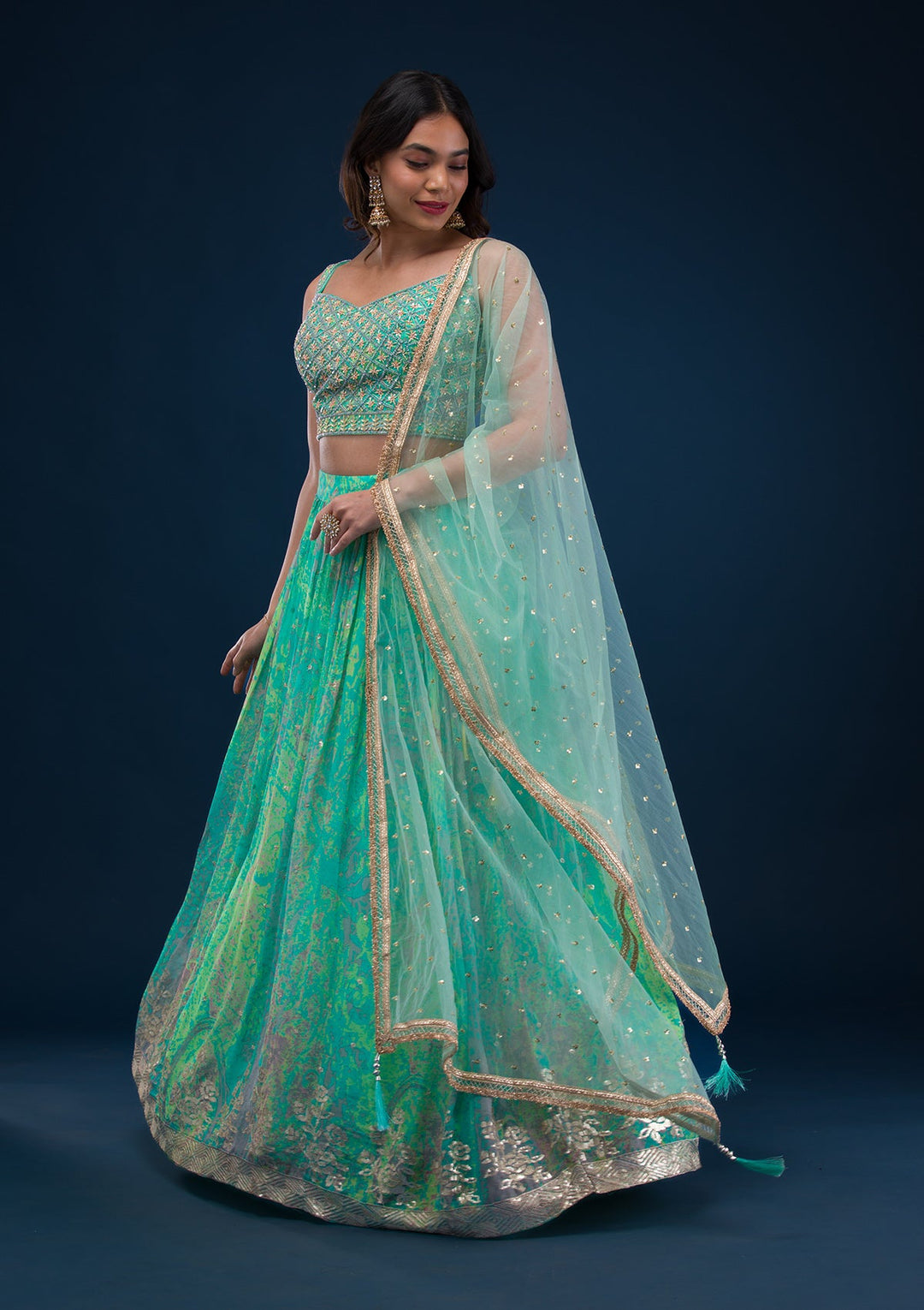 Sea Green Print Georgette Readymade Lehenga-Koskii