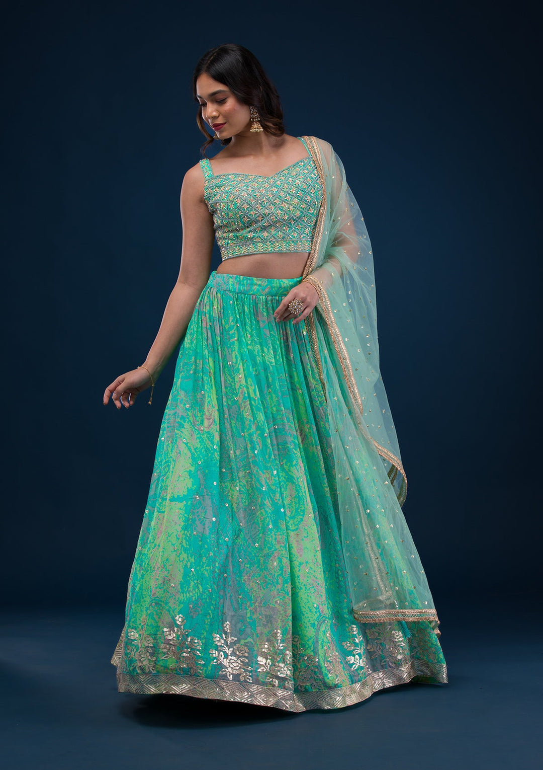 Sea Green Print Georgette Readymade Lehenga-Koskii