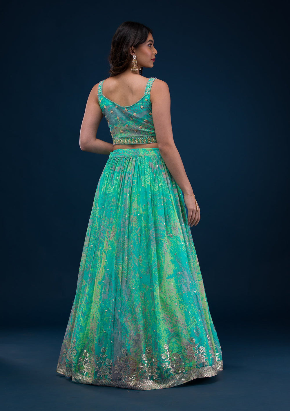 Sea Green Print Georgette Readymade Lehenga-Koskii