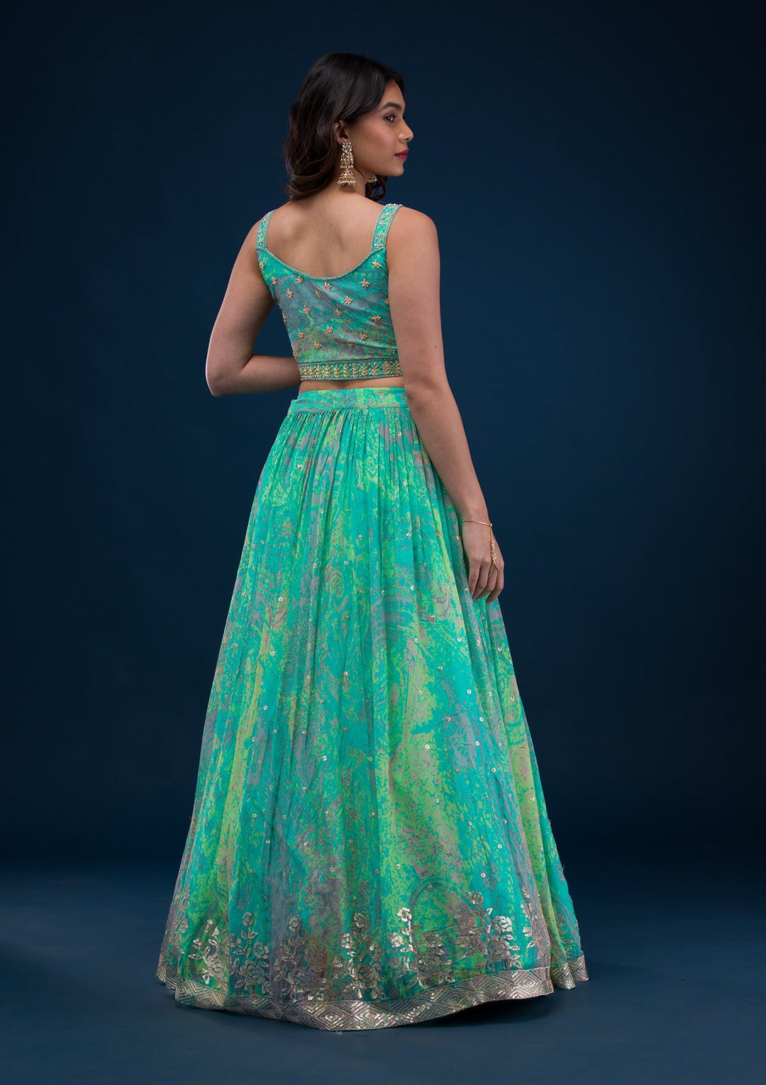 Sea Green Print Georgette Readymade Lehenga-Koskii