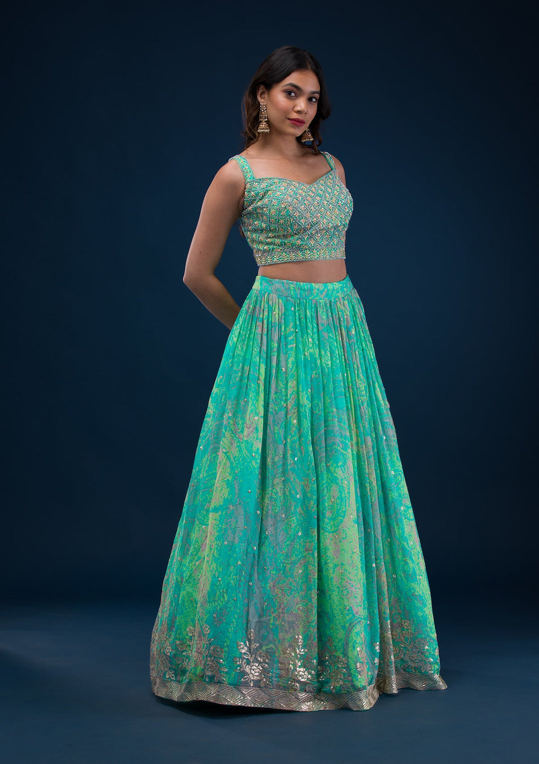 Sea Green Print Georgette Readymade Lehenga-Koskii