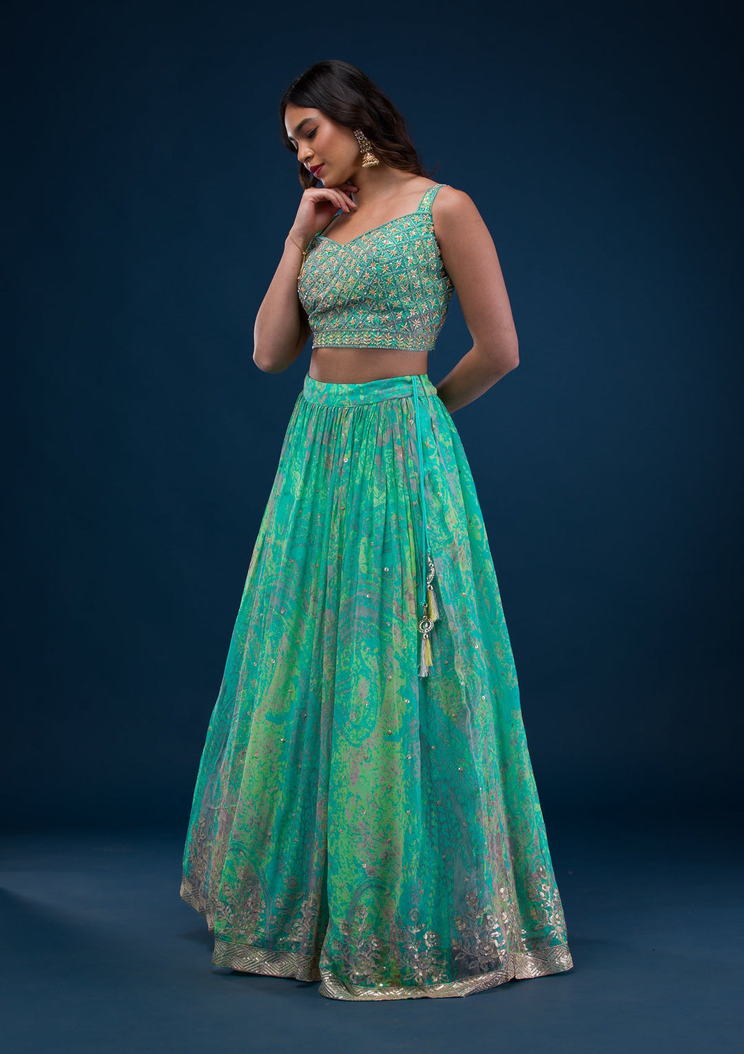 Sea Green Print Georgette Readymade Lehenga-Koskii