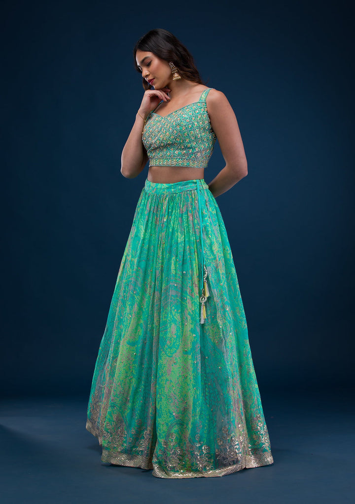 Sea Green Print Georgette Readymade Lehenga-Koskii
