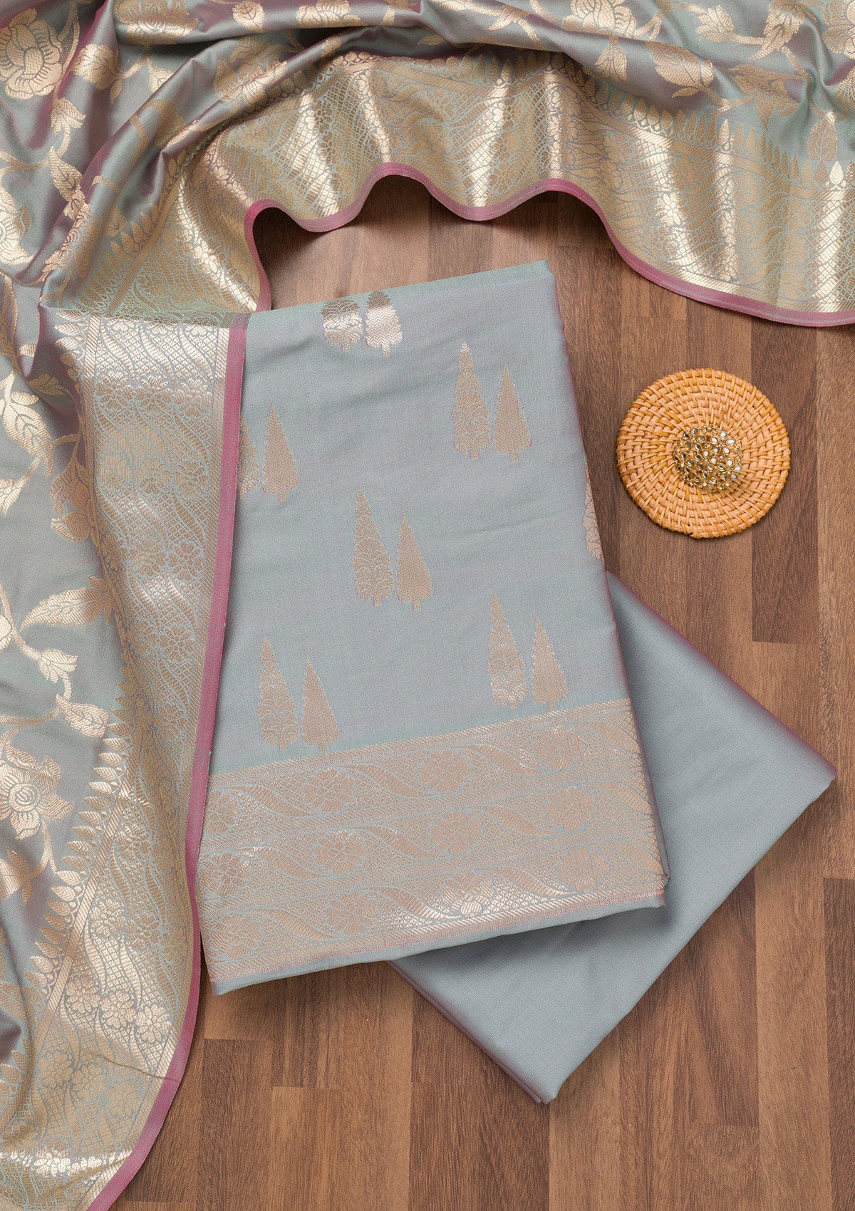 Sea Green Printed Banarasi Unstitched Salwar Suit-Koskii