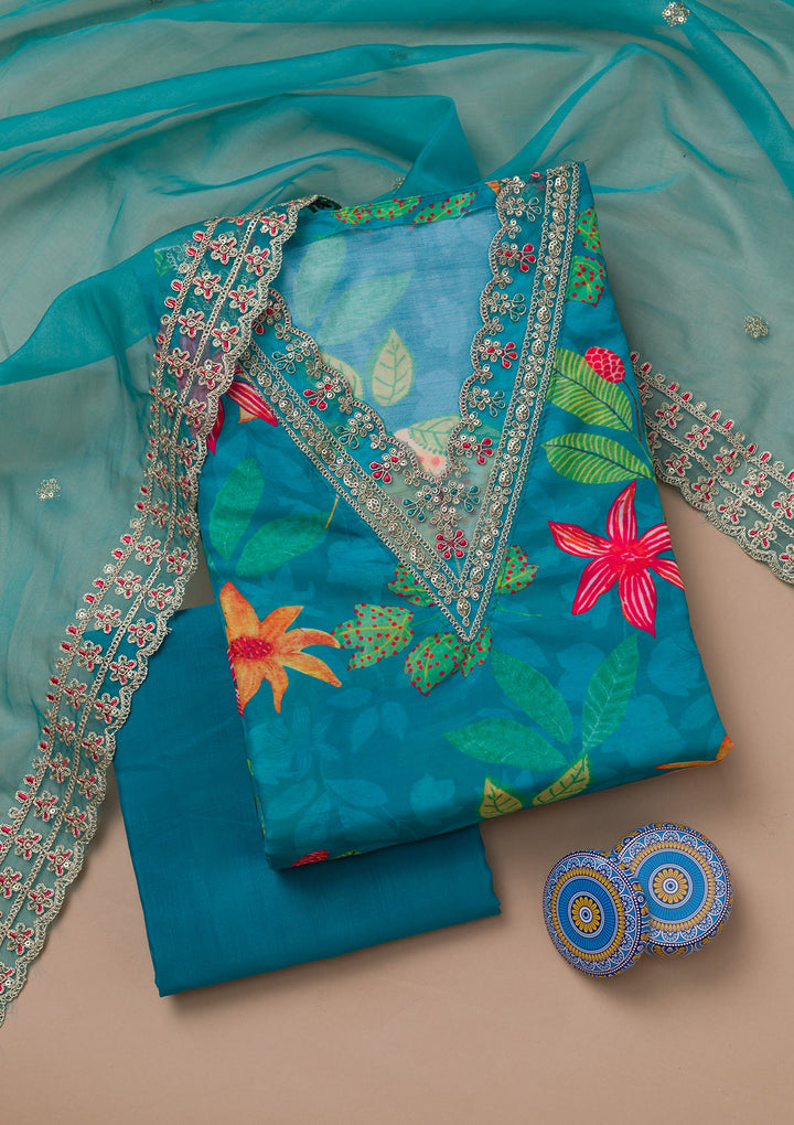 Sea Green Printed Cotton Blend Unstitched Salwar Suit