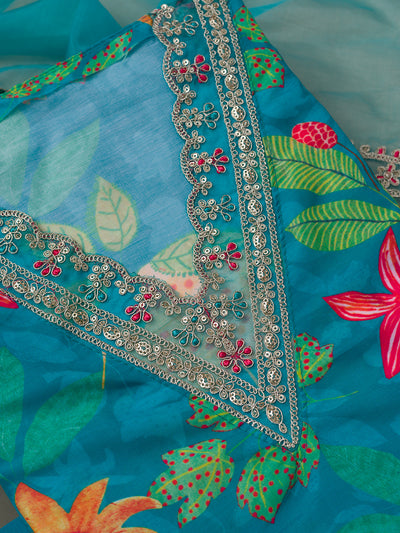 Sea Green Printed Cotton Blend Unstitched Salwar Kameez