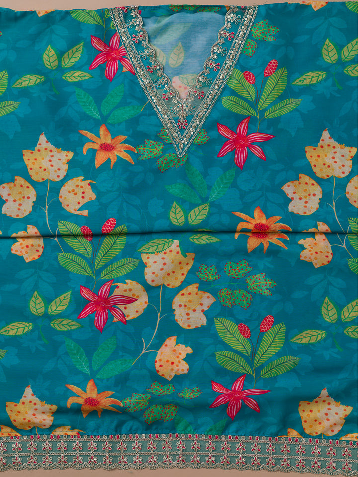 Sea Green Printed Cotton Blend Unstitched Salwar Suit