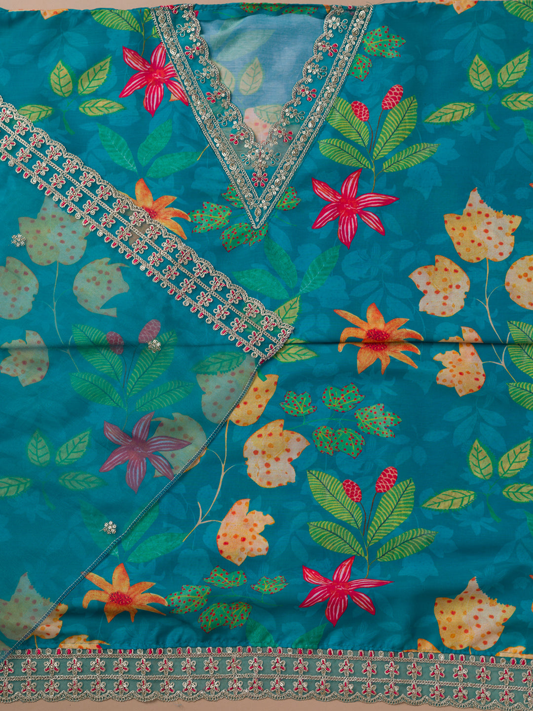 Sea Green Printed Cotton Blend Unstitched Salwar Suit