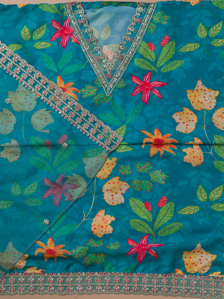 Sea Green Printed Cotton Blend Unstitched Salwar Suit