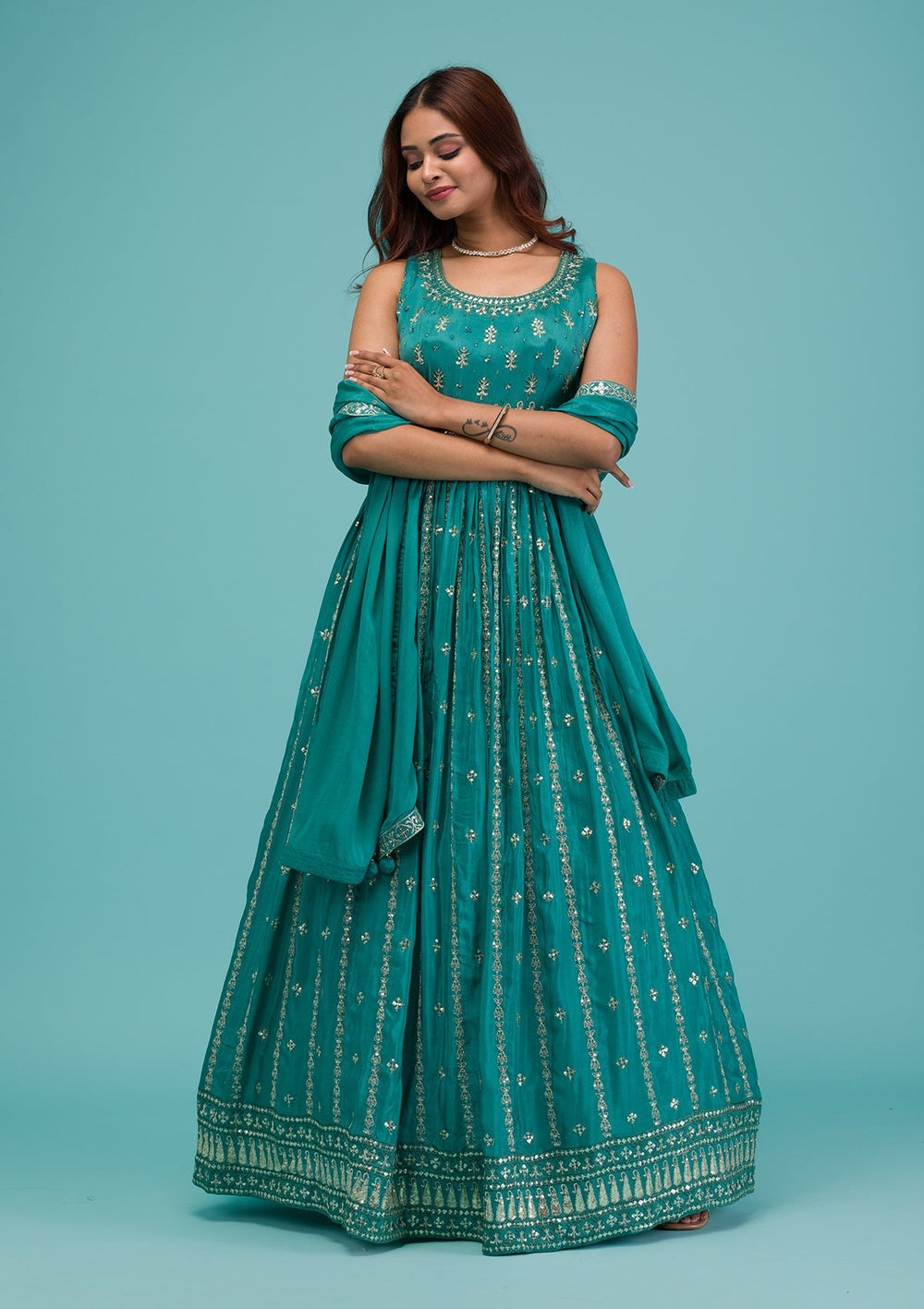 Sea Green Printed Georgette Readymade Lehenga-Koskii