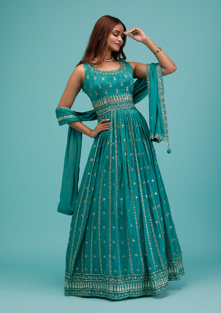 Sea Green Zariwork Semi Crepe Readymade Salwar Kameez
