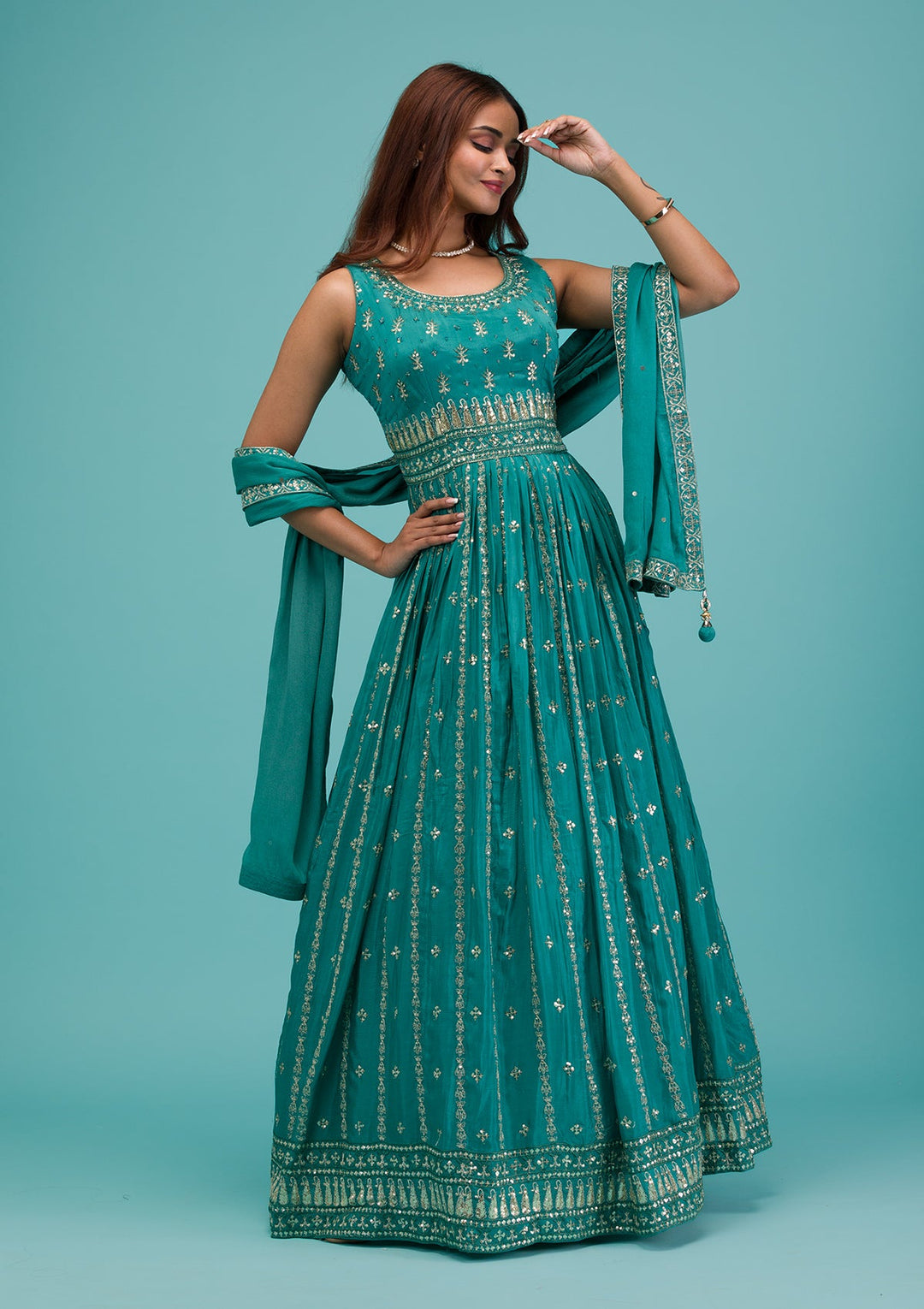 Sea Green Printed Georgette Readymade Lehenga-Koskii