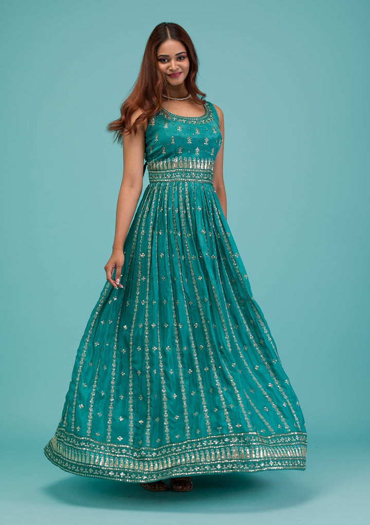 Sea Green Printed Georgette Readymade Lehenga-Koskii