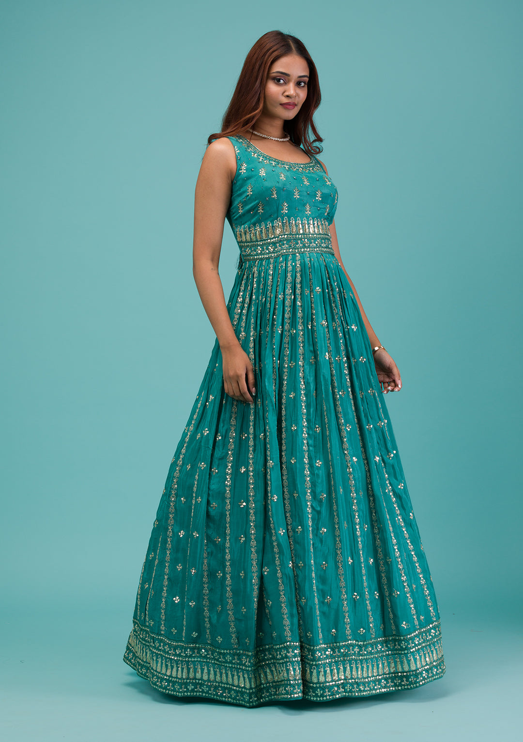 Sea Green Zariwork Semi Crepe Readymade Salwar Kameez