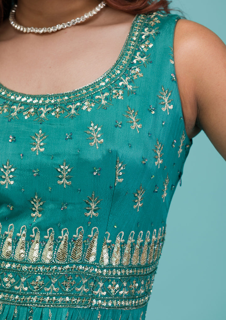 Sea Green Zariwork Semi Crepe Readymade Salwar Kameez