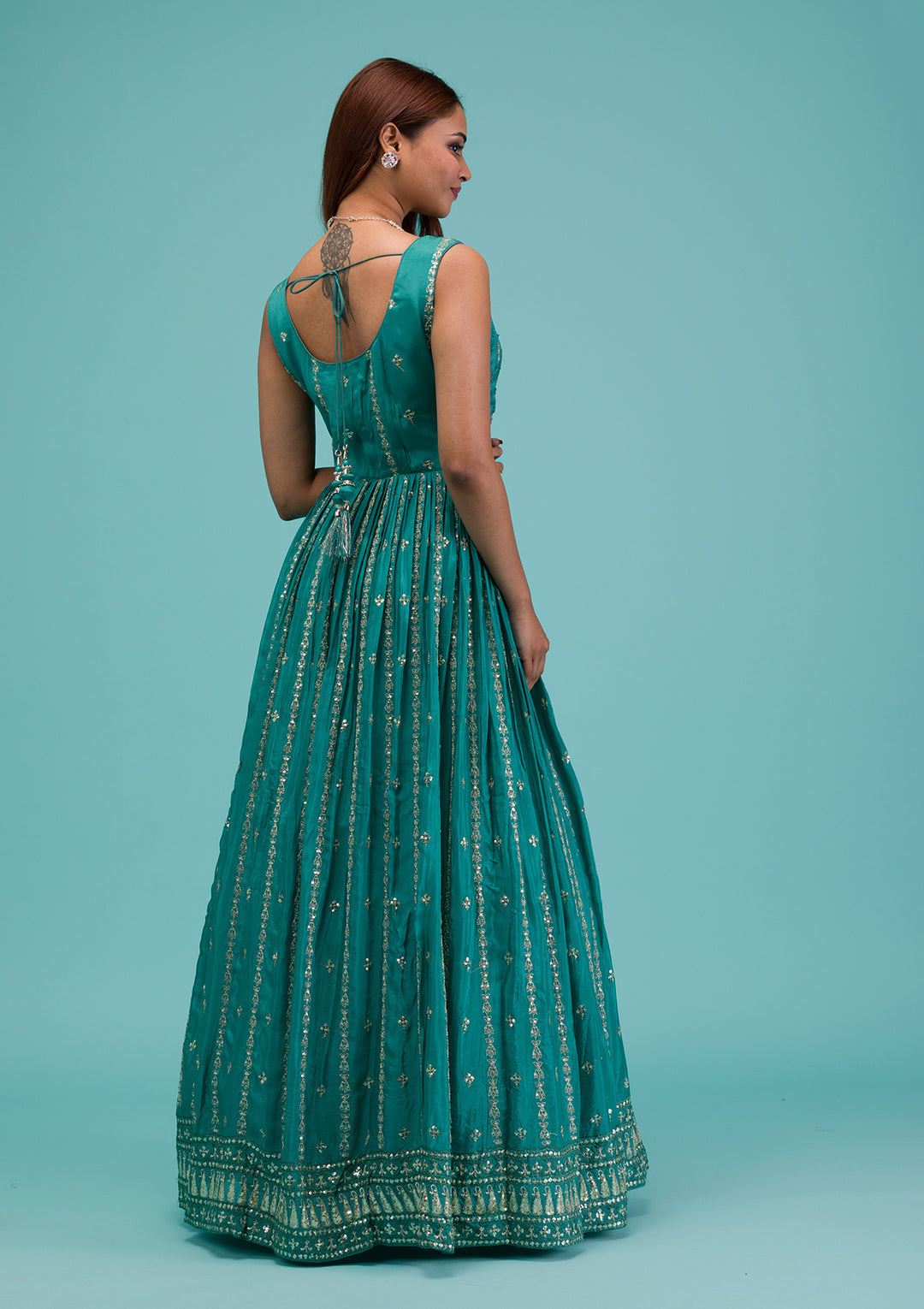 Sea Green Zariwork Semi Crepe Readymade Salwar Kameez