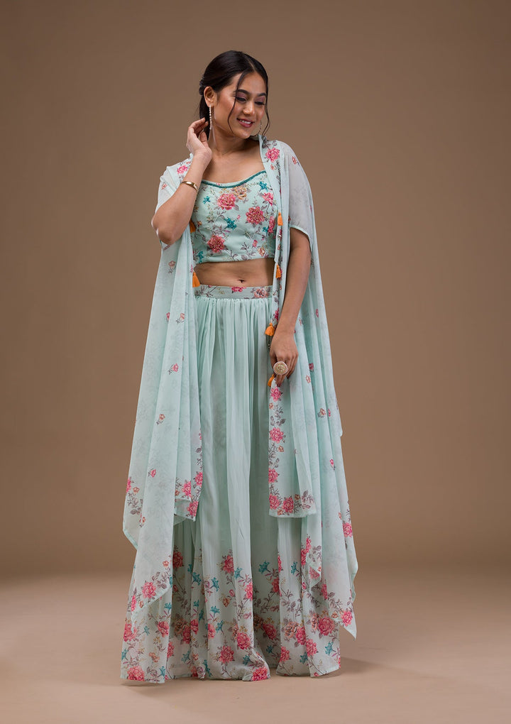 Sea Green Printed Georgette Readymade Lehenga-Koskii