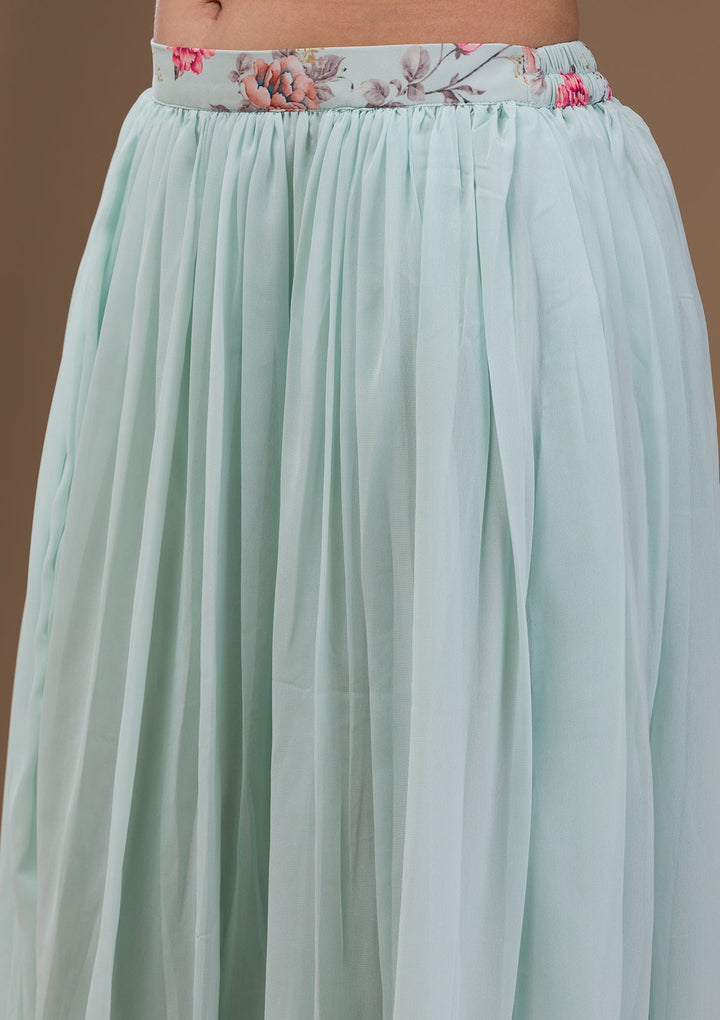 Sea Green Printed Georgette Readymade Lehenga-Koskii
