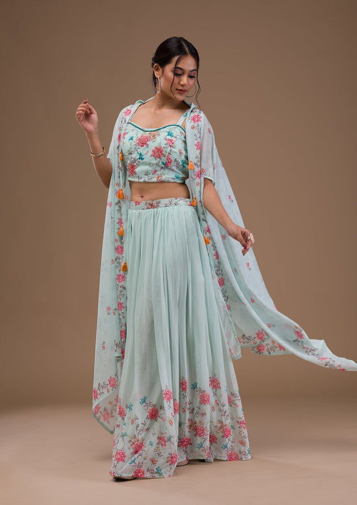 Sea Green Printed Georgette Readymade Lehenga-Koskii