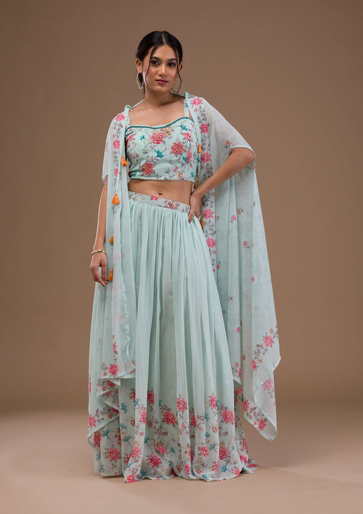 Sea Green Printed Georgette Readymade Lehenga-Koskii