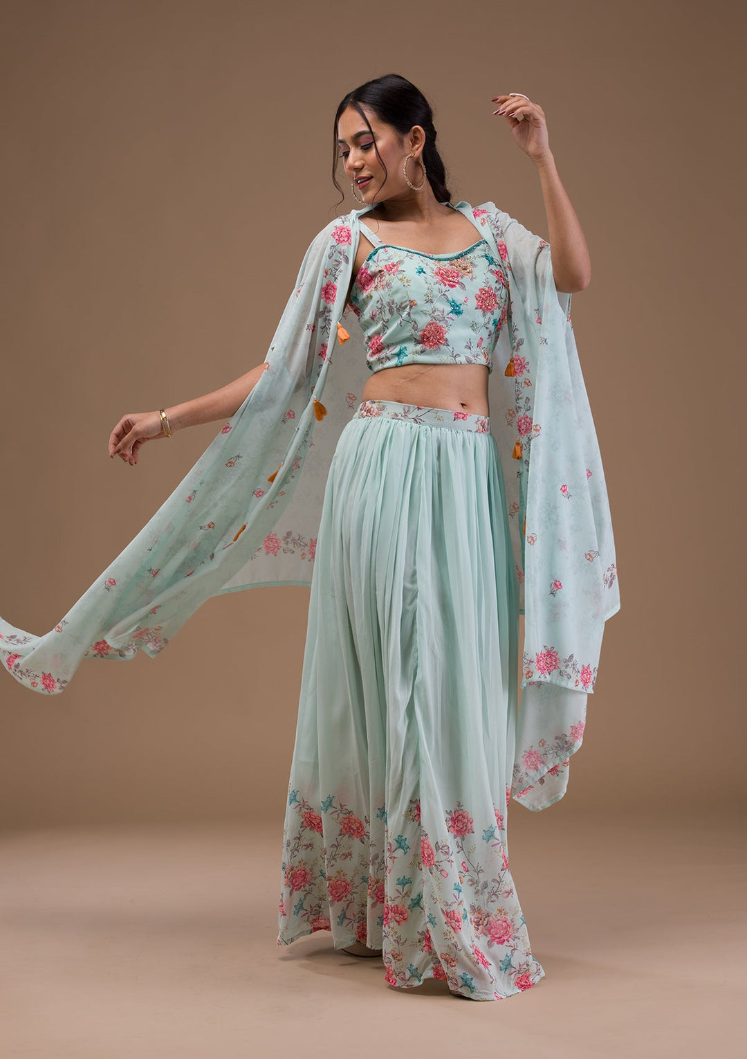 Sea Green Printed Georgette Readymade Lehenga-Koskii