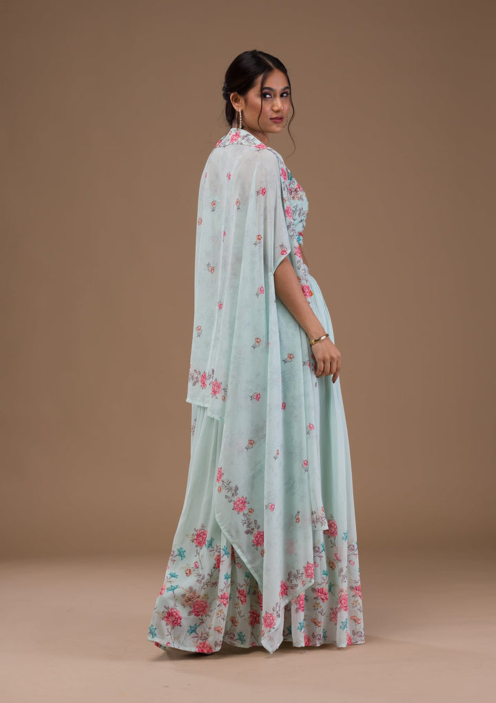 Sea Green Printed Georgette Readymade Lehenga-Koskii