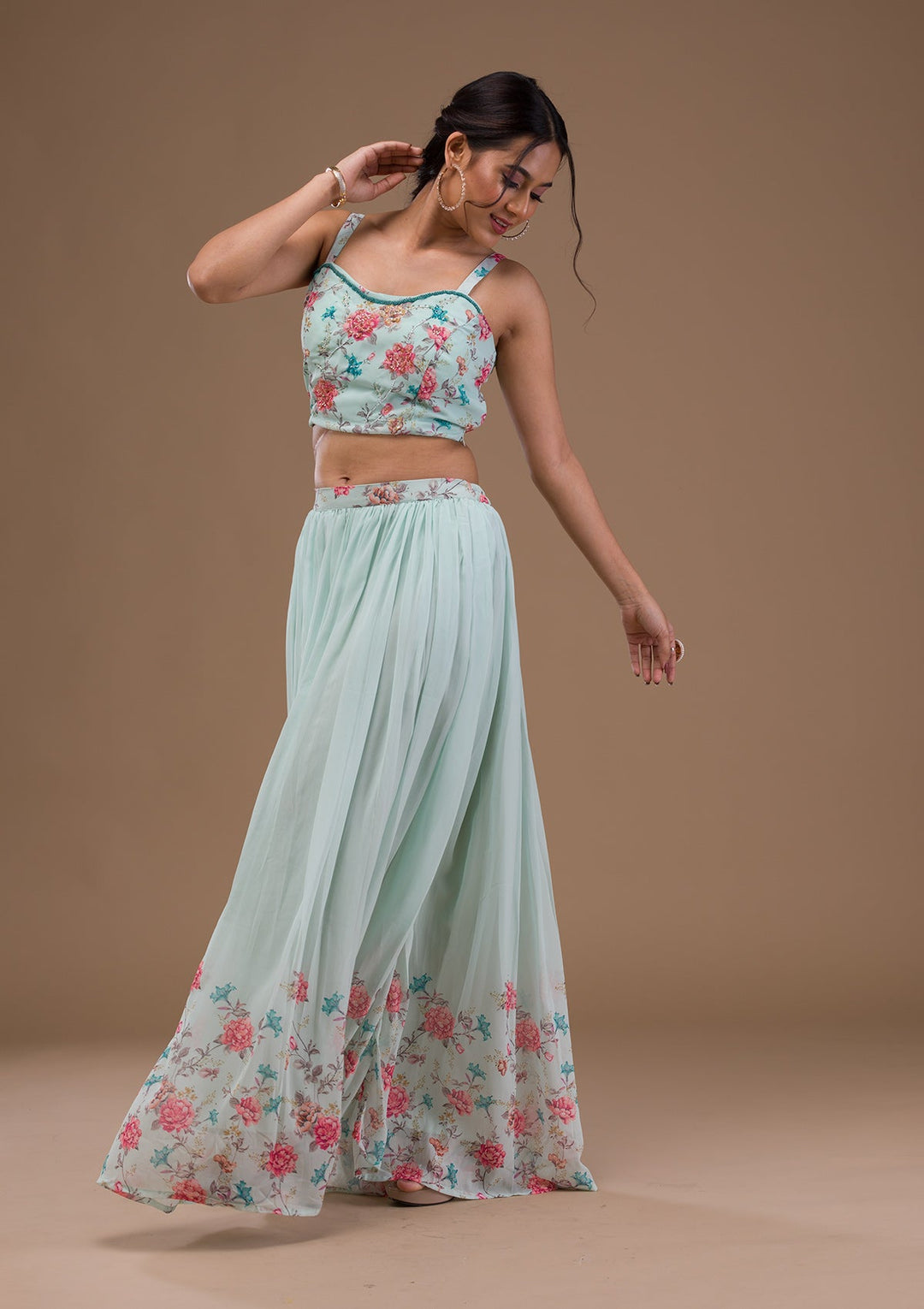 Sea Green Printed Georgette Readymade Lehenga-Koskii