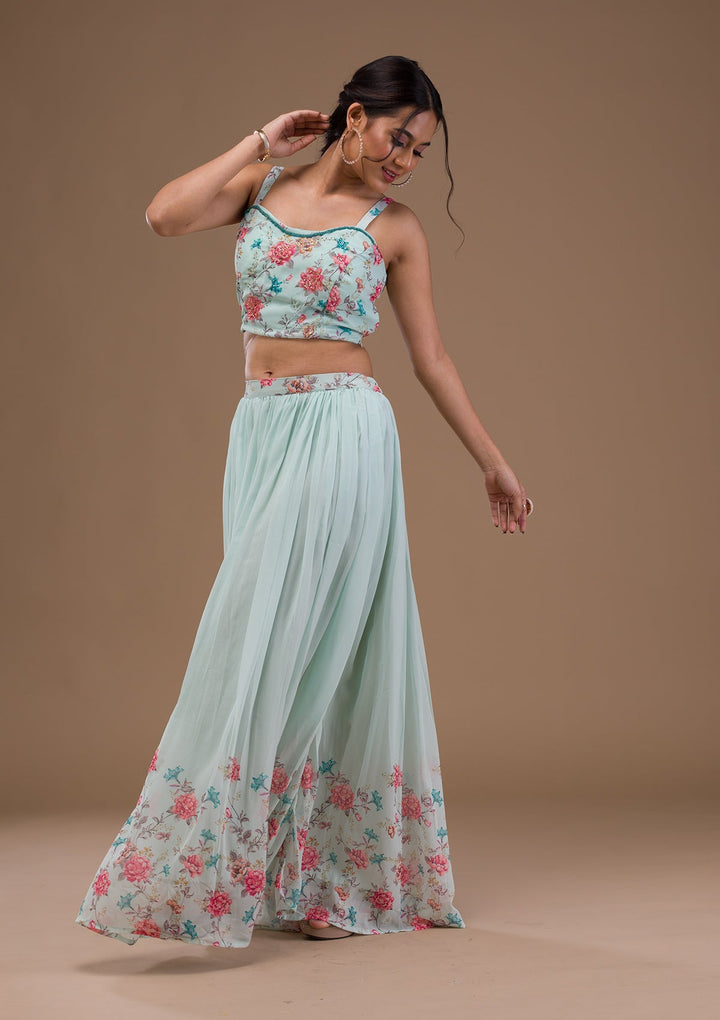 Sea Green Printed Georgette Readymade Lehenga-Koskii