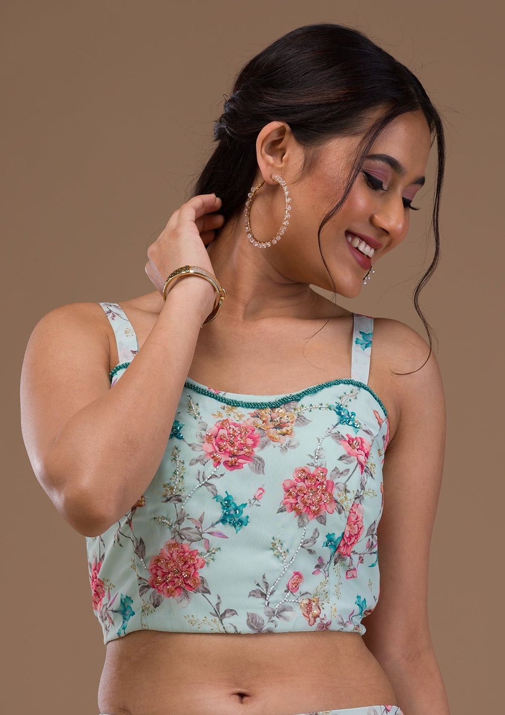 Sea Green Printed Georgette Readymade Lehenga-Koskii