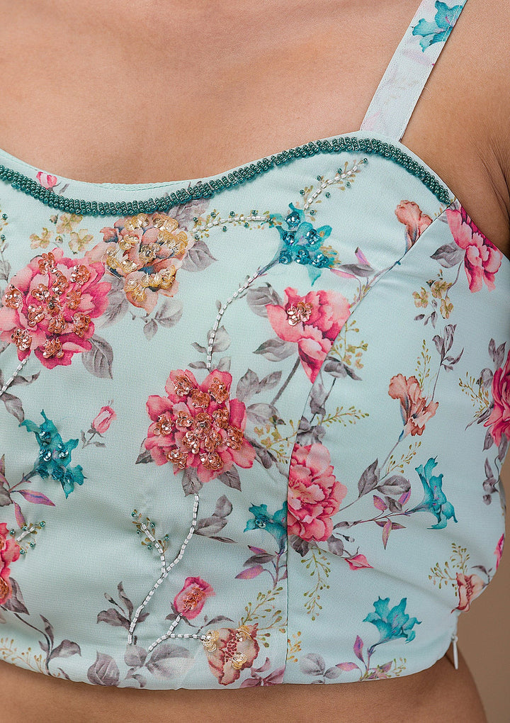 Sea Green Printed Georgette Readymade Lehenga-Koskii