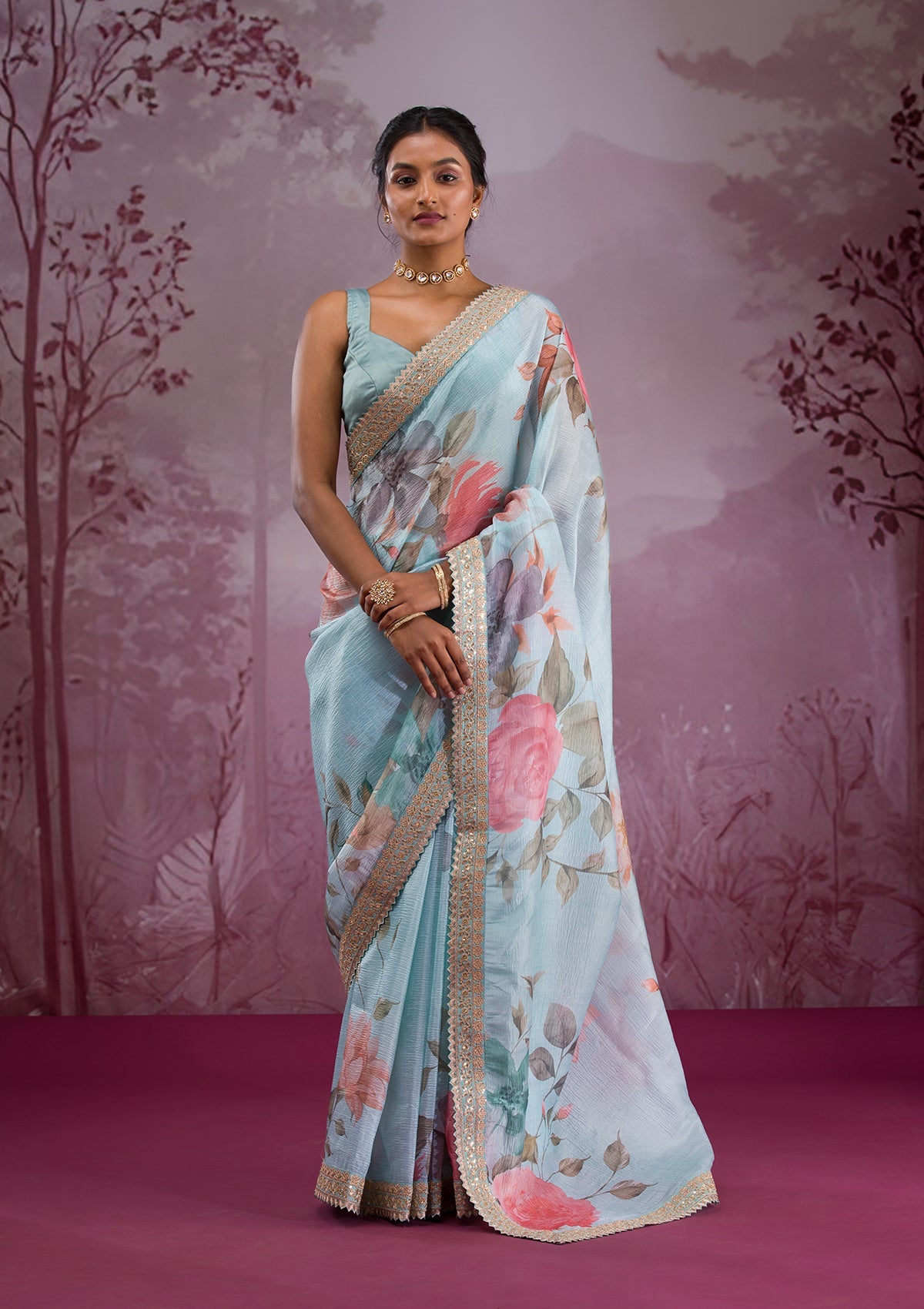 Sea Green Printed Georgette Saree-Koskii