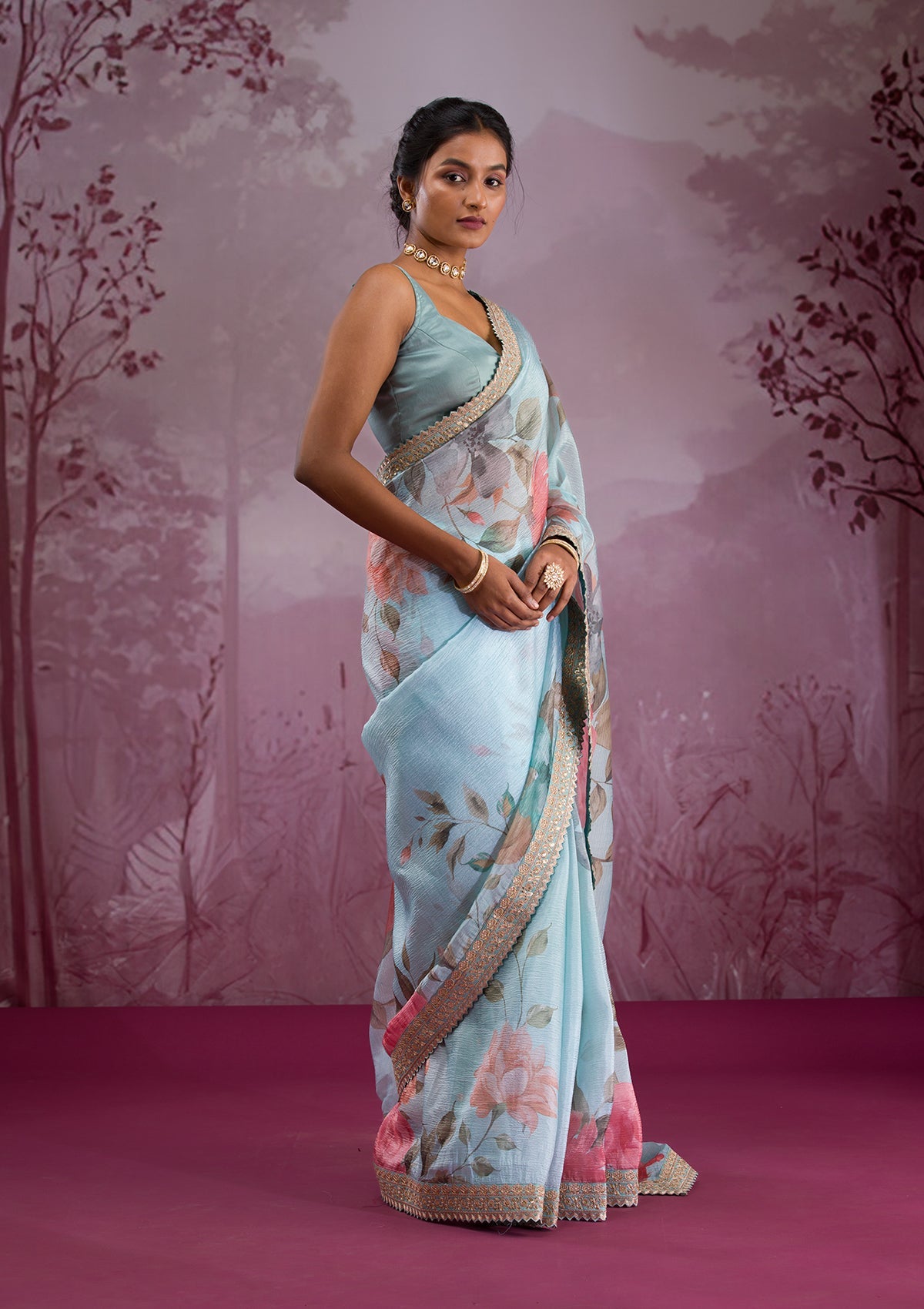 Sea Green Printed Georgette Saree-Koskii