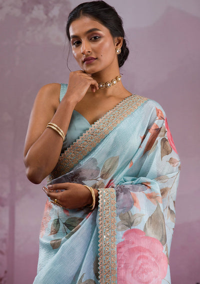 Sea Green Printed Georgette Saree-Koskii