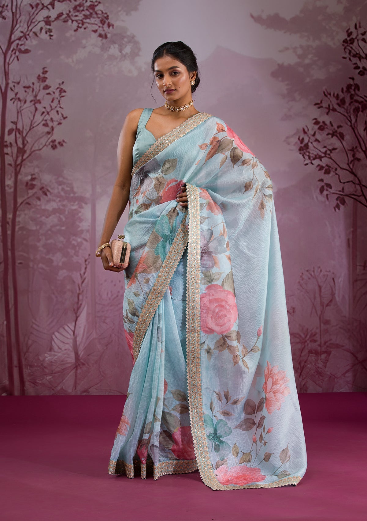 Sea Green Printed Georgette Saree-Koskii