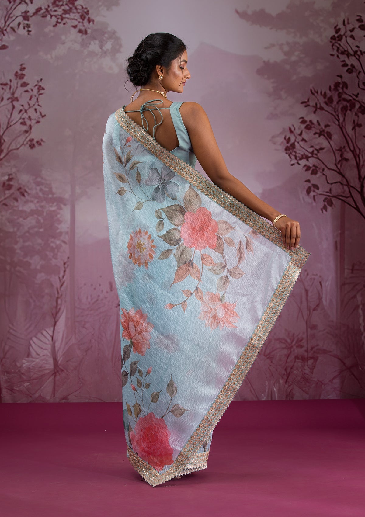 Sea Green Printed Georgette Saree-Koskii